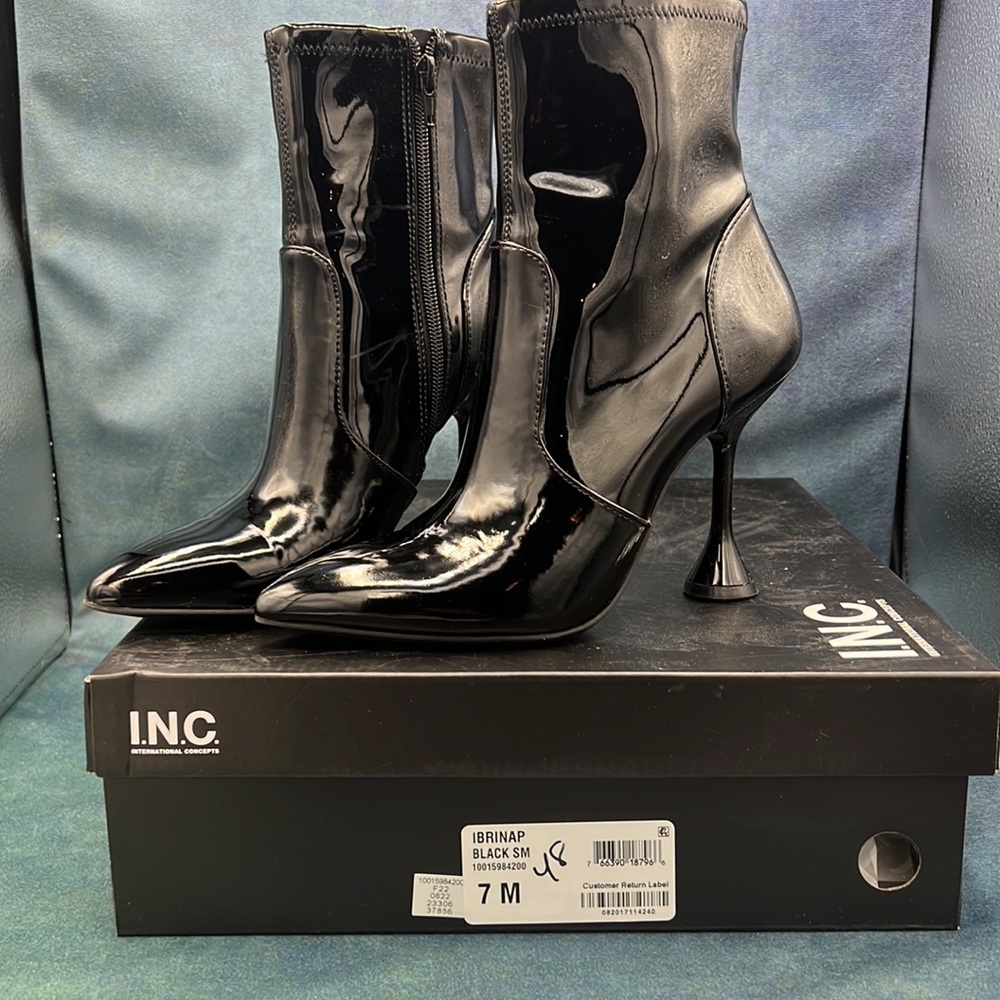 INC International Concepts patent leather boots with unique heel